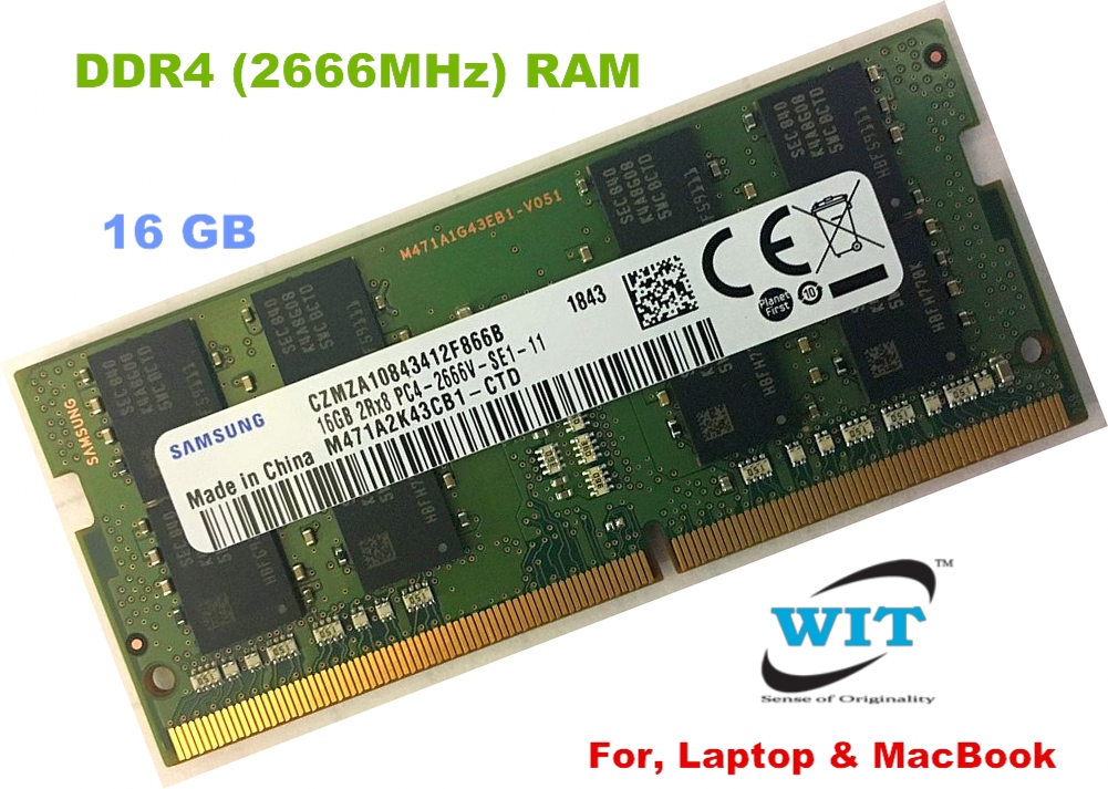 16GB DDR4 2Rx8 PC4-21300, PC4-2666V (BUS: 2666MHz), Samsung, SK Hynix,  Model: M471A2K43CB1-CTD, HMA82GS6CJR8N-VK N0 AC Notebook Memory or RAM  module, 