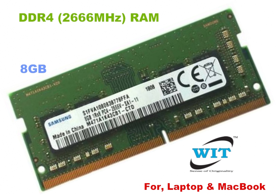 8GB DDR4 1Rx8 PC4-21300, PC4-2666V (BUS: 2666MHz), Samsung, SK Hynix,  Model: HMA81GS6CJR8N-VK N0 AC, M471A1K43CB1 Notebook Memory or RAM module,  Voltage 1.2V, Non-ECC Unbuffered CL19 260-Pin SODIMM WIT Computers