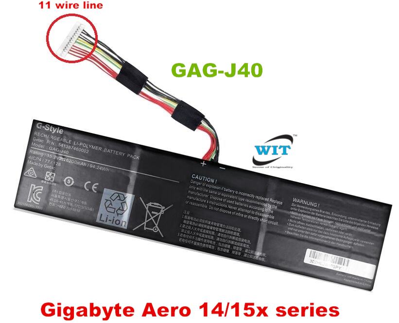 GAG-J40 Gigabyte Laptop Battery for Aero 14 V7 14 P64Wv7-De325Tb 14-P64WV6  14-W-CF2 15 RTX 20 15W 15X Series 541387460002 541387460003 541387460005,  Gigabyte Aero 14 14-K7 15-X9 15-Y9 541387460003 - WIT Computers