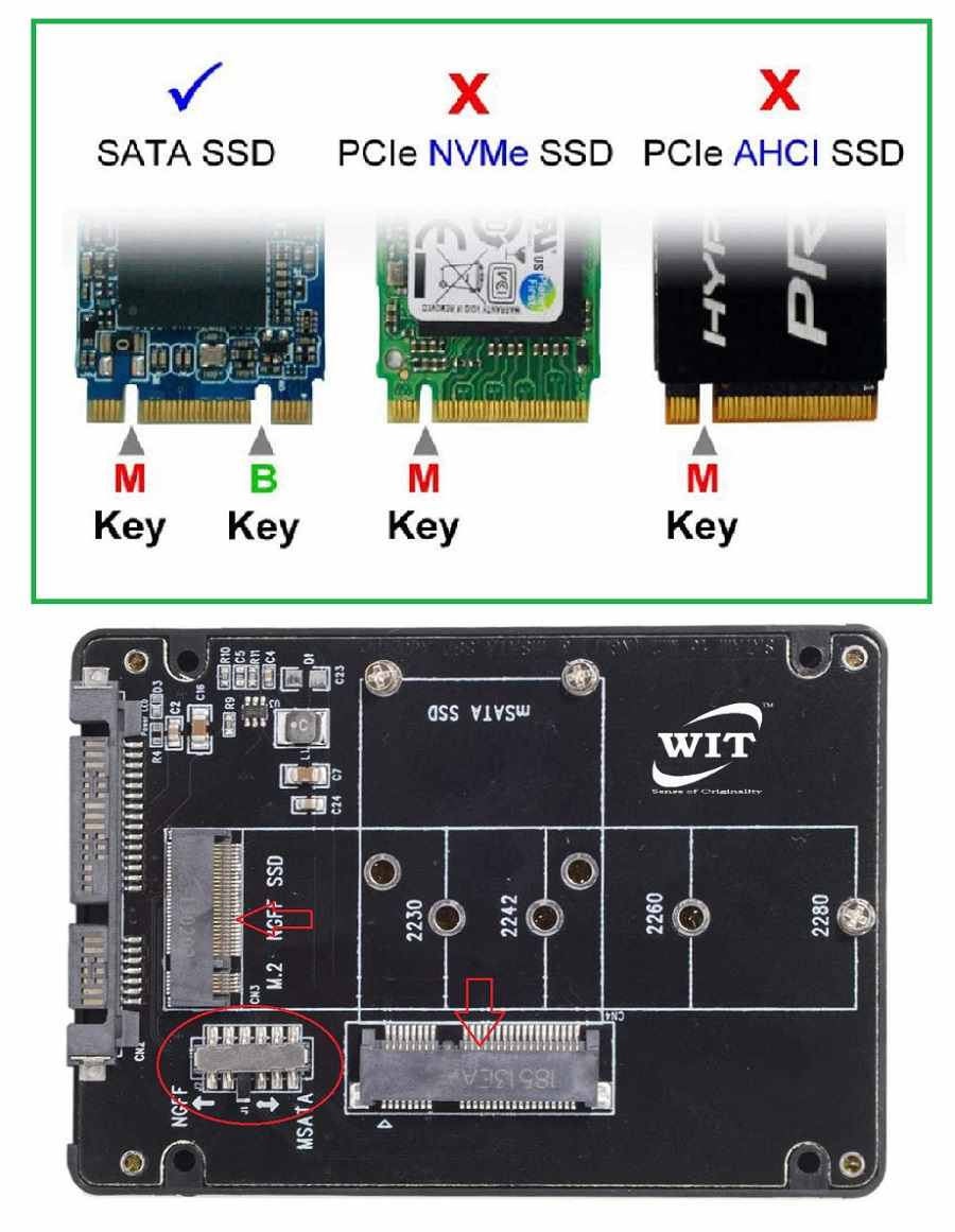 Xiwai Combo M.2 NGFF B-Key & mSATA SSD vers SATA 3.0 Boîtier convertisseur avec interrupteur 