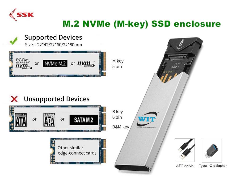 M.2 NVME(M-key) SSD Enclosure/Adapter/Converter/Case for Type-C or USB 3.1  Gen 2 or Thunderbolt 3 to NVME PCI-E M-Key SSD External Enclosure (Only fit  for NVMe PCIe 2242/2260/2280) - WIT Computers