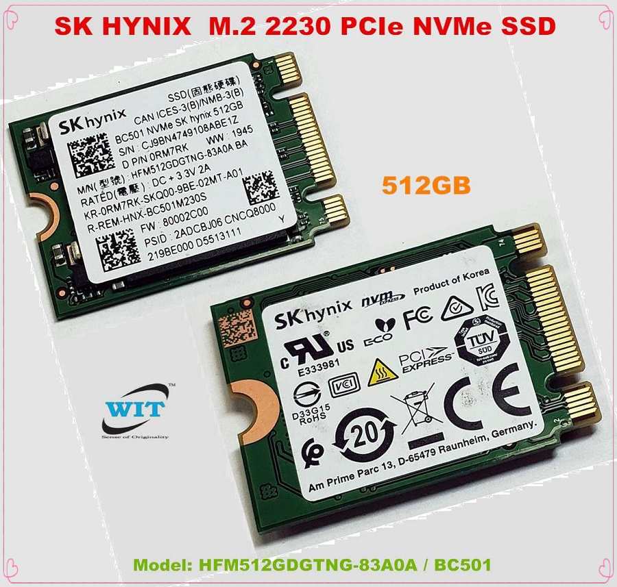512GB M.2 2230 NVMe PCI Express 3.0 x2 SSD (Solid State Drive)-30mm Half  Size, Brand : SK Hynix, Model: HFM512GDGTNG-83A0A BC501 P/N : RM7RK 0RM7RK  