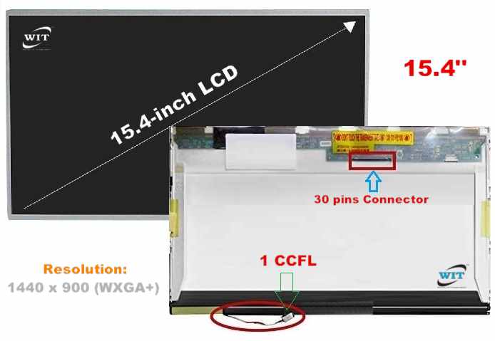 15.4-inch 1CCFL WXGA+ HD TFT LCD Display/ Screen panel, Resolution:  1440*900, Video Connector: 30 pins, LCD Model: B154PW01 V1, LP154WX4  (TL)(C4),