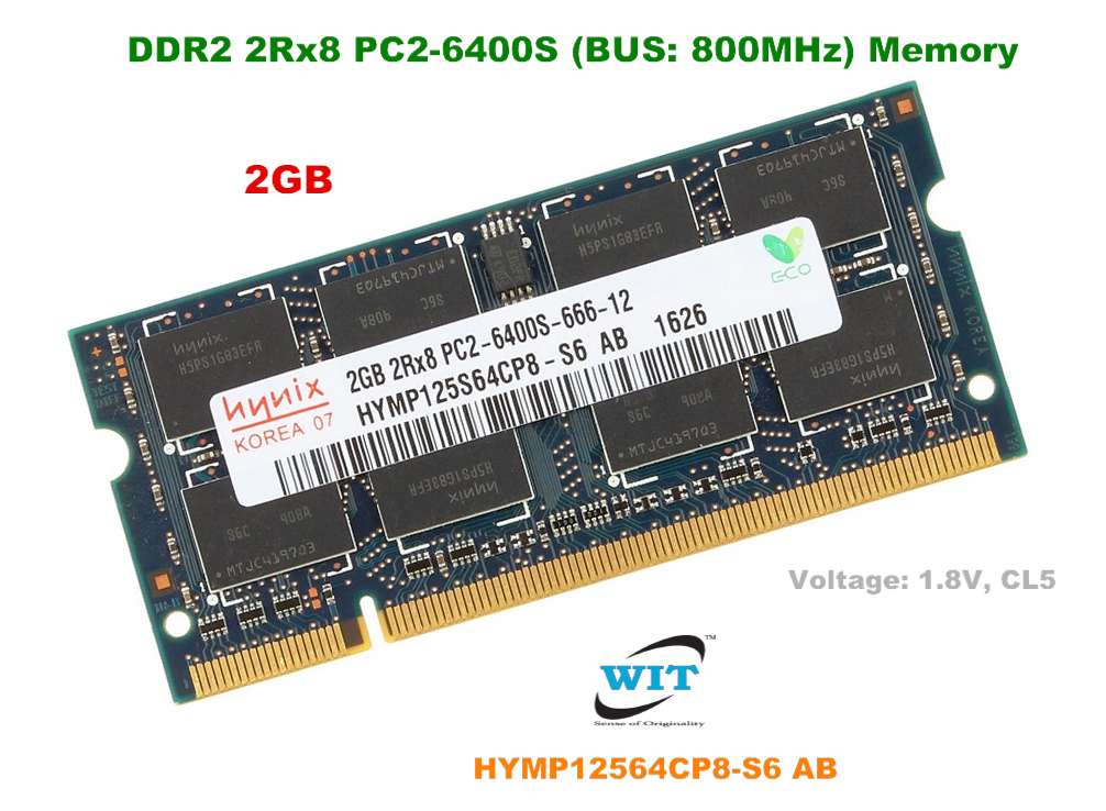 2GB DDR2 2Rx8 PC2-6400S-666-12 (BUS: 800MHz) Memory or RAM Module, SK  Hynix, Samsung, Model: HYMP12564CP8-S6 AB, M470T5663QZ3-CF7 for Laptop   Macbook (Voltage: 1.8V) WIT Computers