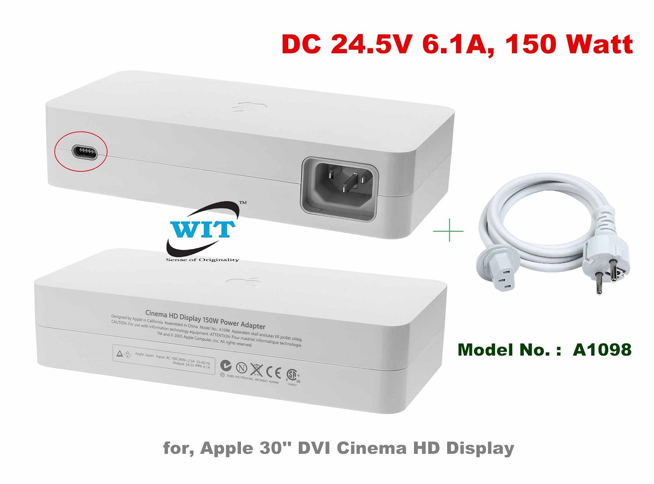 Awareness if betrayal 150W (24.5V 6.1A) Apple HD Cinema Display 30" A1083 Adapter, Model # A1098,  Apple Part # 661-3356, Year: Mid 2004, Mid 2005, & Late 2007 (m9179ll/a) -  WIT Computers