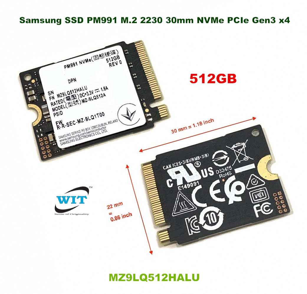 512GB M.2 2230 NVMe x2 SSD (Solid State Drive)-30mm Half Size, Brand : Samsung SSD 512GB PM991 M.2 2230 30mm NVMe PCIe Gen3 x4 MZ9LQ512HALU MZ-9LQ512A Solid State Drive