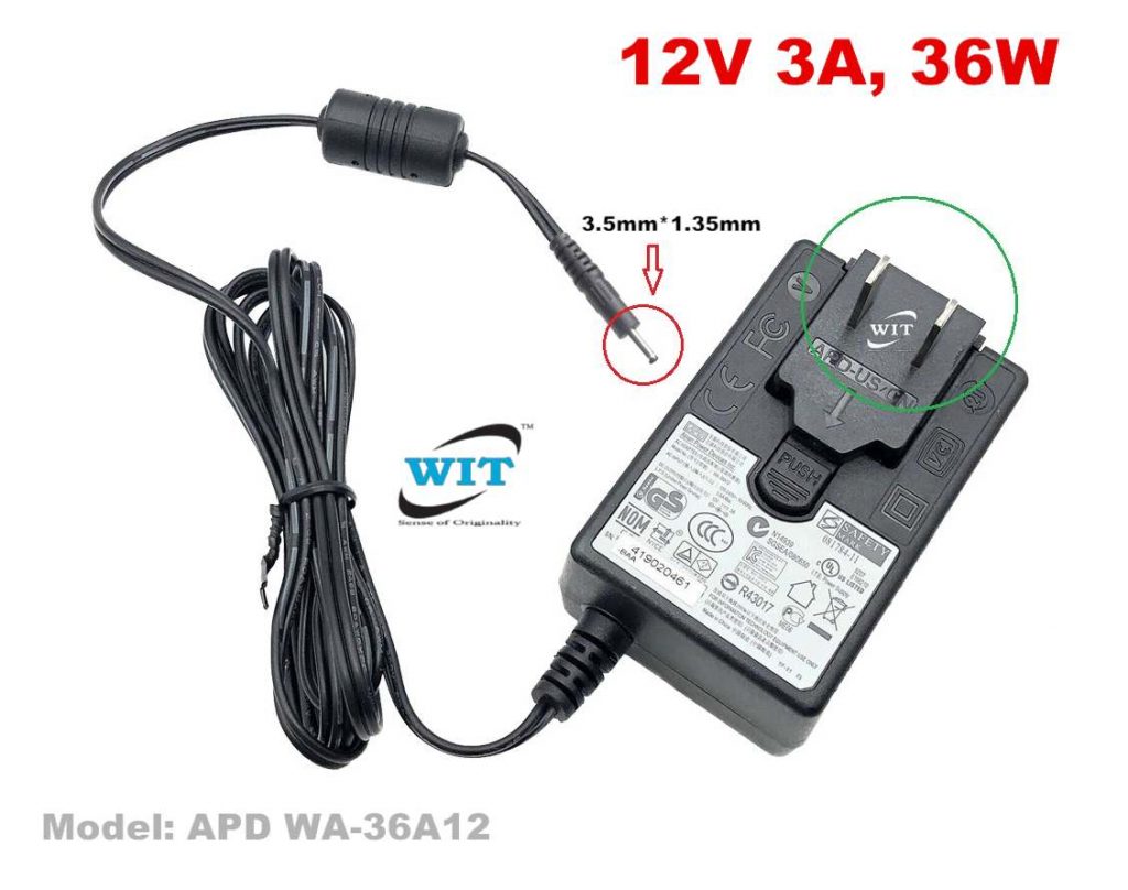 12V 3A, 36W (Port 3.5mm*1.35mm) Power Adapter, Model APD WA36A12