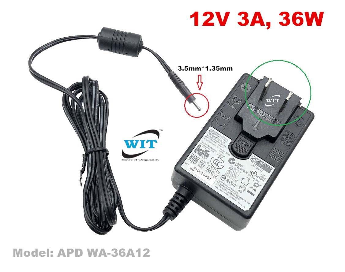 12V 3A, 36W (Port: 3.5mm*1.35mm) Power Adapter, Model: APD WA-36A12, N14939  for I-Life Zed Air, Avita Notebook and many more - WIT Computers