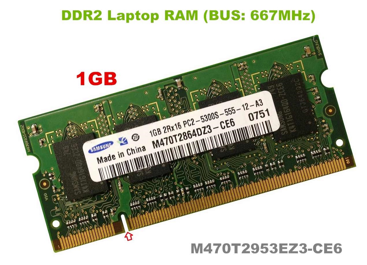 1GB DDR2 2Rx8 PC2-5300S-555-12-E3 (BUS: 667MHz) Memory or RAM Module, Samsung, Model: M470T2953EZ3-CE6, M470T2864DZ3-CE6 for & Macbook (Voltage: 1.8V) CL5 - WIT